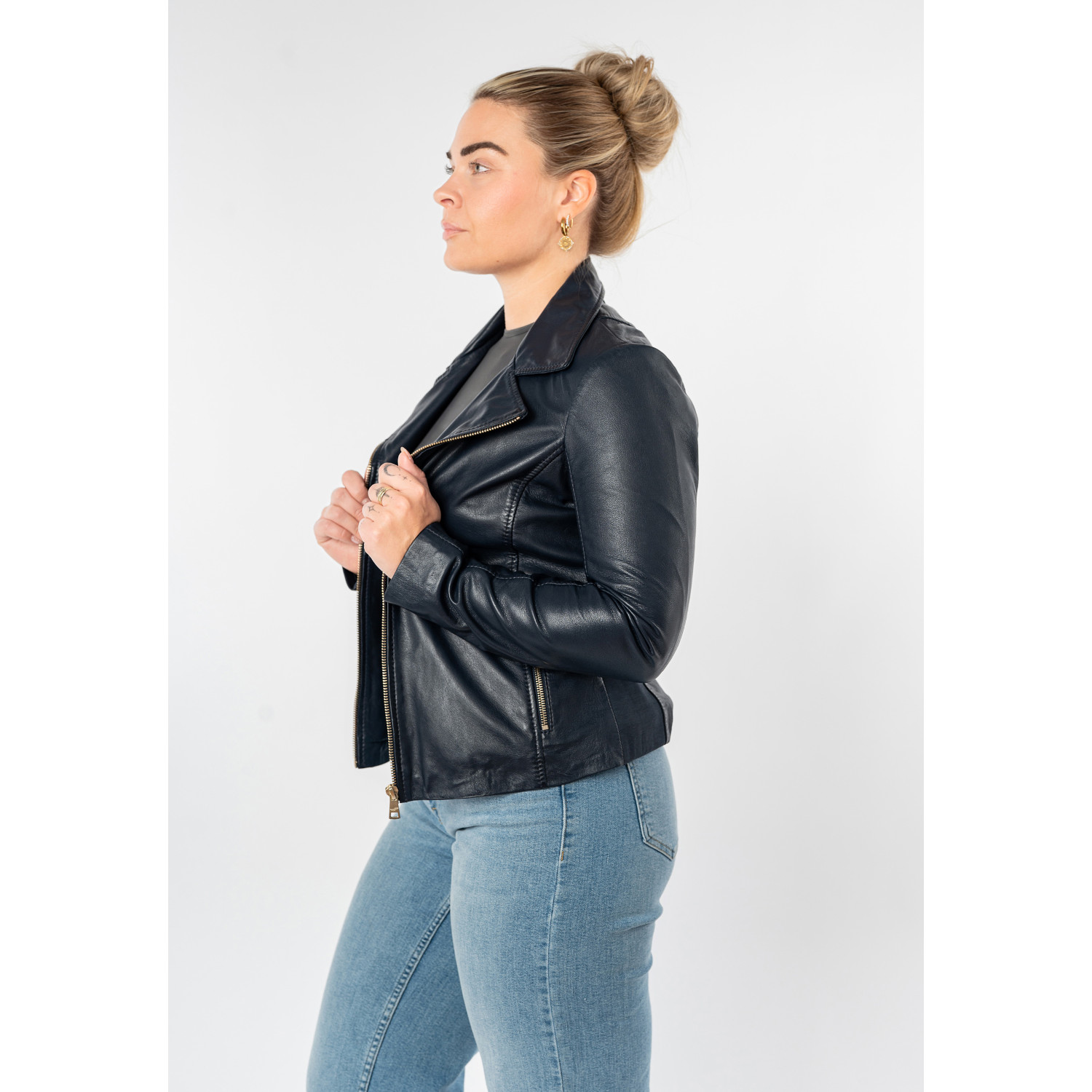 Geacă de piele damă Mauritius MWZKandi bleumarin regular fit stil biker