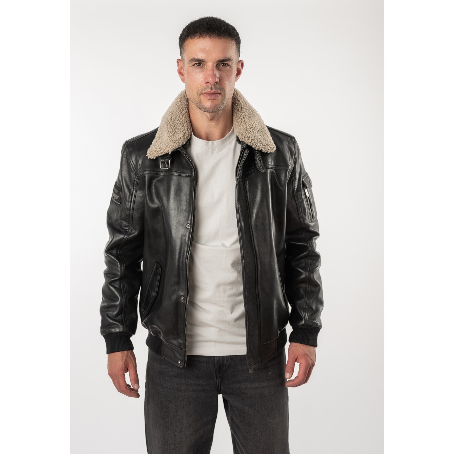 Geacă de piele neagră pentru bărbați Deercraft DMFlynn stil aviator cu guler Teddy