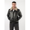 Geacă de piele neagră pentru bărbați Deercraft DMFlynn stil aviator cu guler Teddy