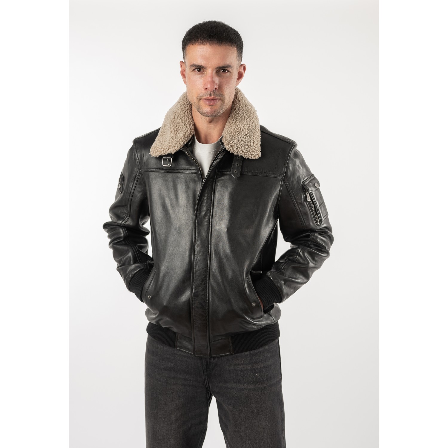Geacă de piele neagră pentru bărbați Deercraft DMFlynn stil aviator cu guler Teddy