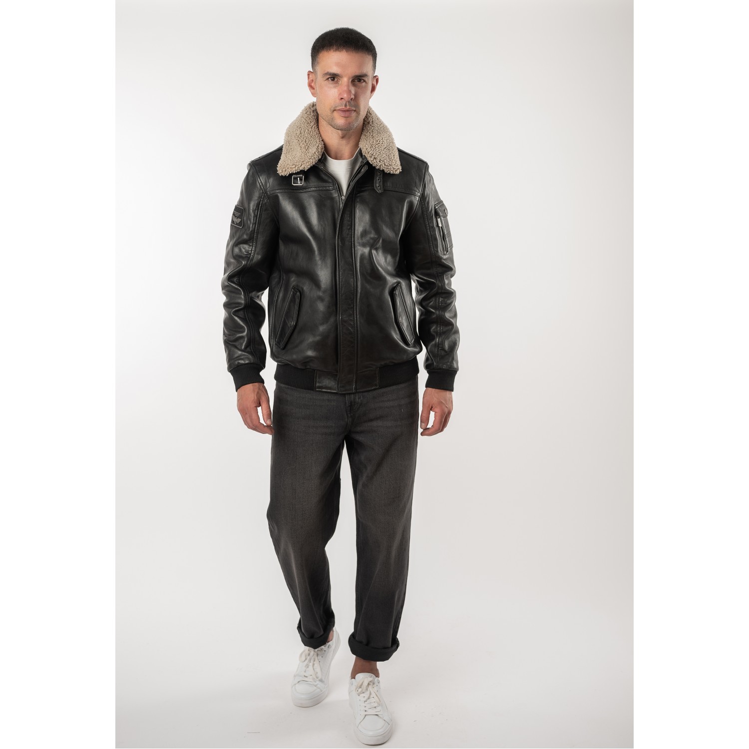 Geacă de piele neagră pentru bărbați Deercraft DMFlynn stil aviator cu guler Teddy