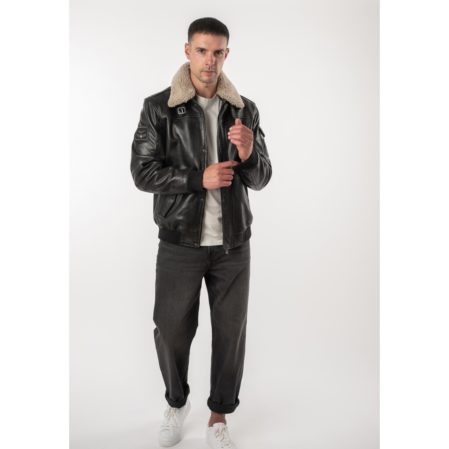 Geacă de piele neagră pentru bărbați Deercraft DMFlynn stil aviator cu guler Teddy