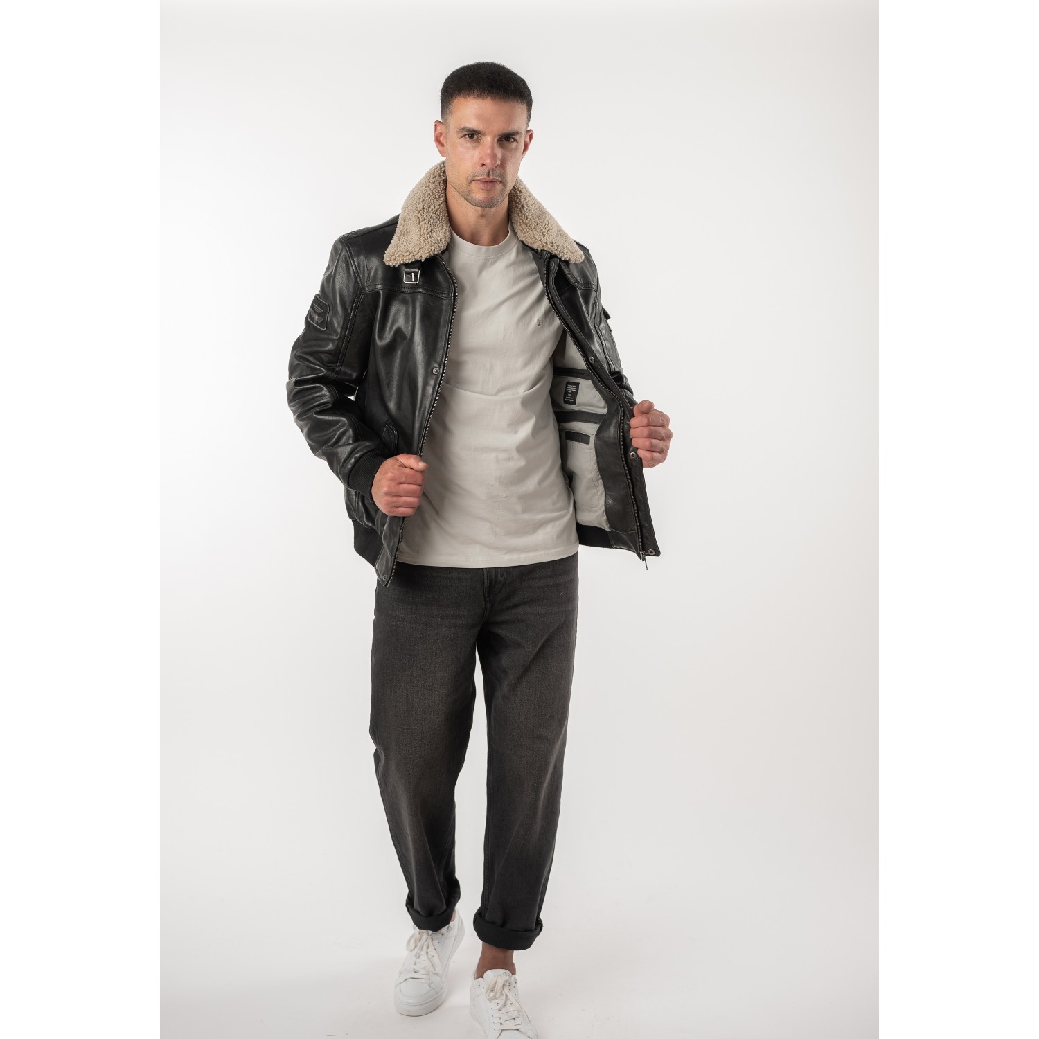 Geacă de piele neagră pentru bărbați Deercraft DMFlynn stil aviator cu guler Teddy