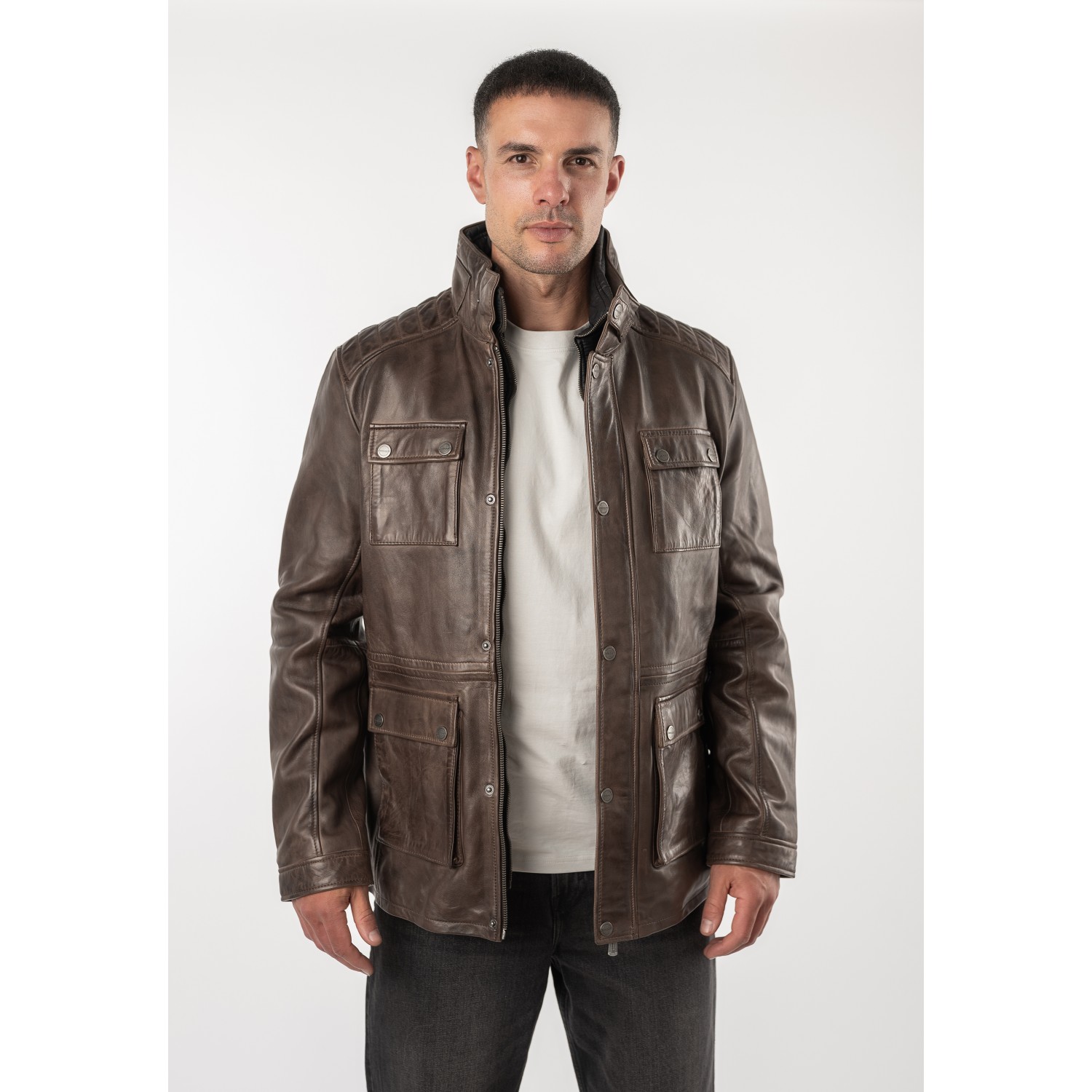 Geacă de Piele Bărbați Deercraft DMRyanhold Maro Închis Geacă de piele maro închis pentru bărbați Deercraft DMRyanhold stil field jacket cu patru buzunare