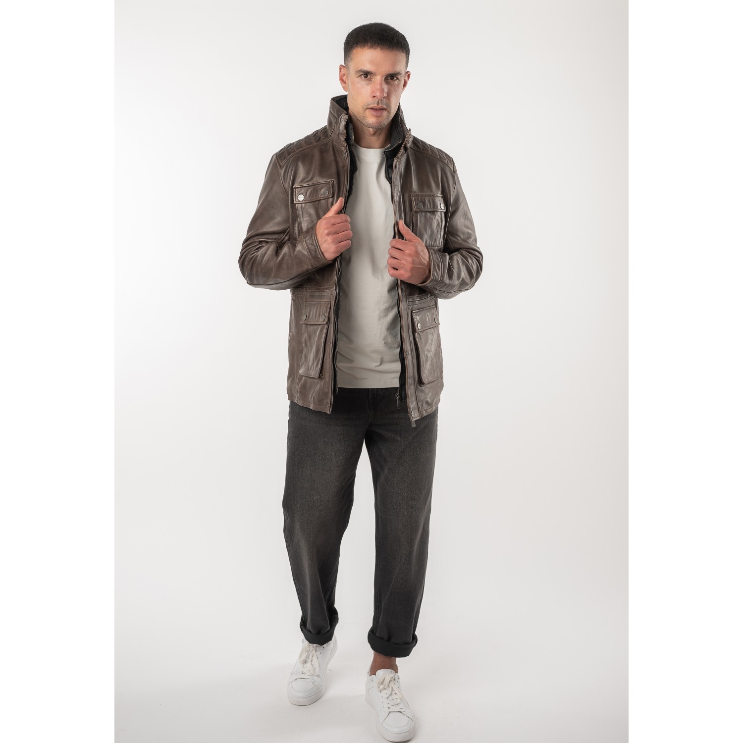 Geacă de Piele Bărbați Deercraft DMRyanhold Maro Închis Geacă de piele maro închis pentru bărbați Deercraft DMRyanhold stil field jacket cu patru buzunare