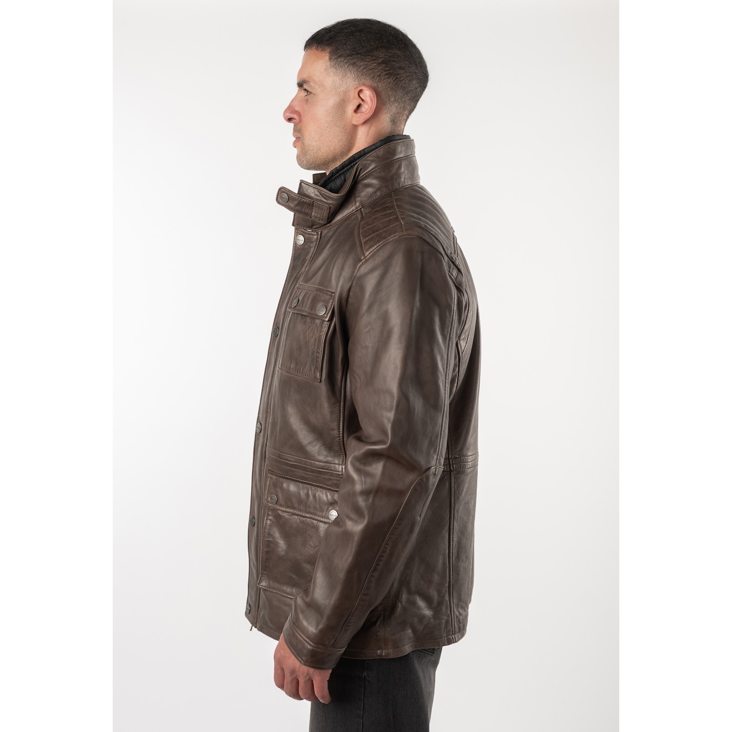 Geacă de Piele Bărbați Deercraft DMRyanhold Maro Închis Geacă de piele maro închis pentru bărbați Deercraft DMRyanhold stil field jacket cu patru buzunare