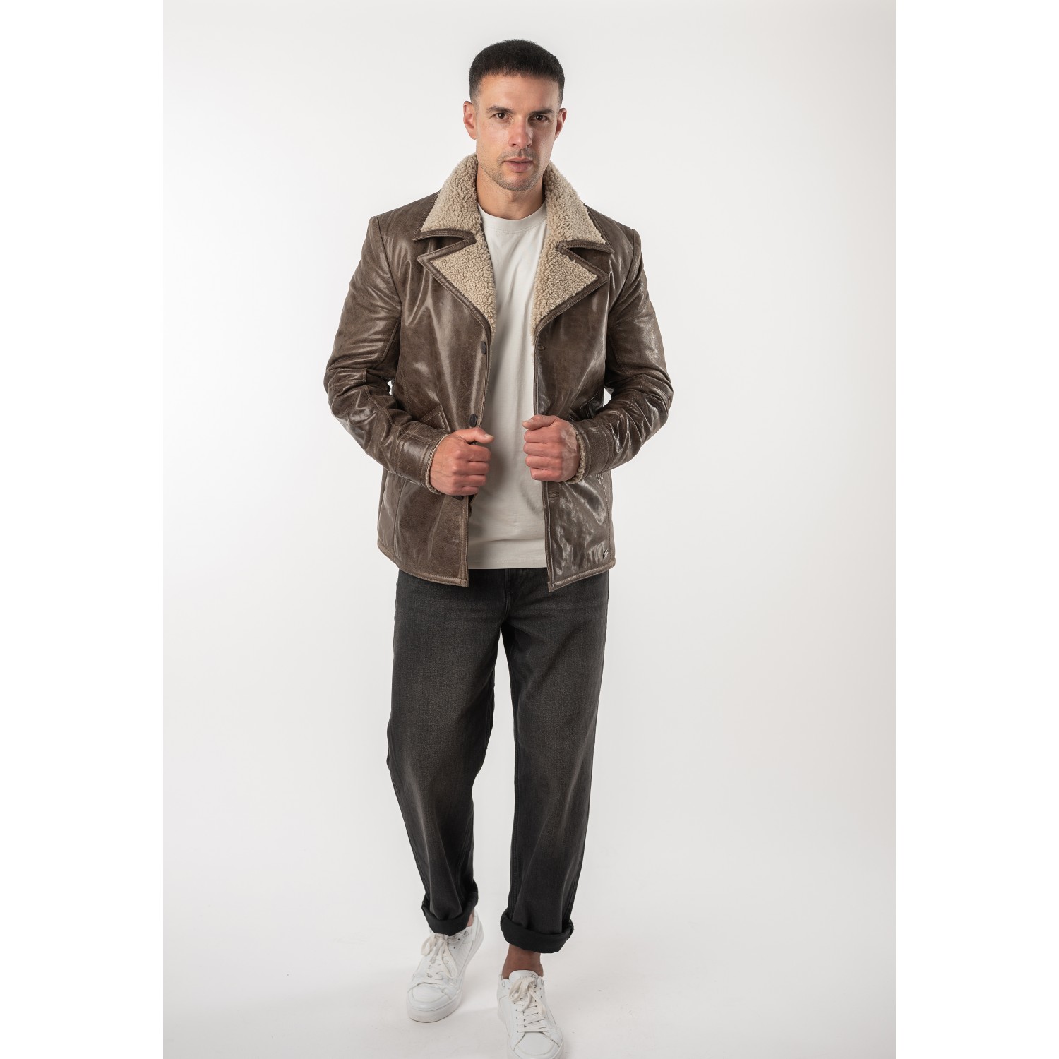 Geacă de piele îmblănită maro vintage pentru bărbați Mauritius MMBrotch cu guler amplu
