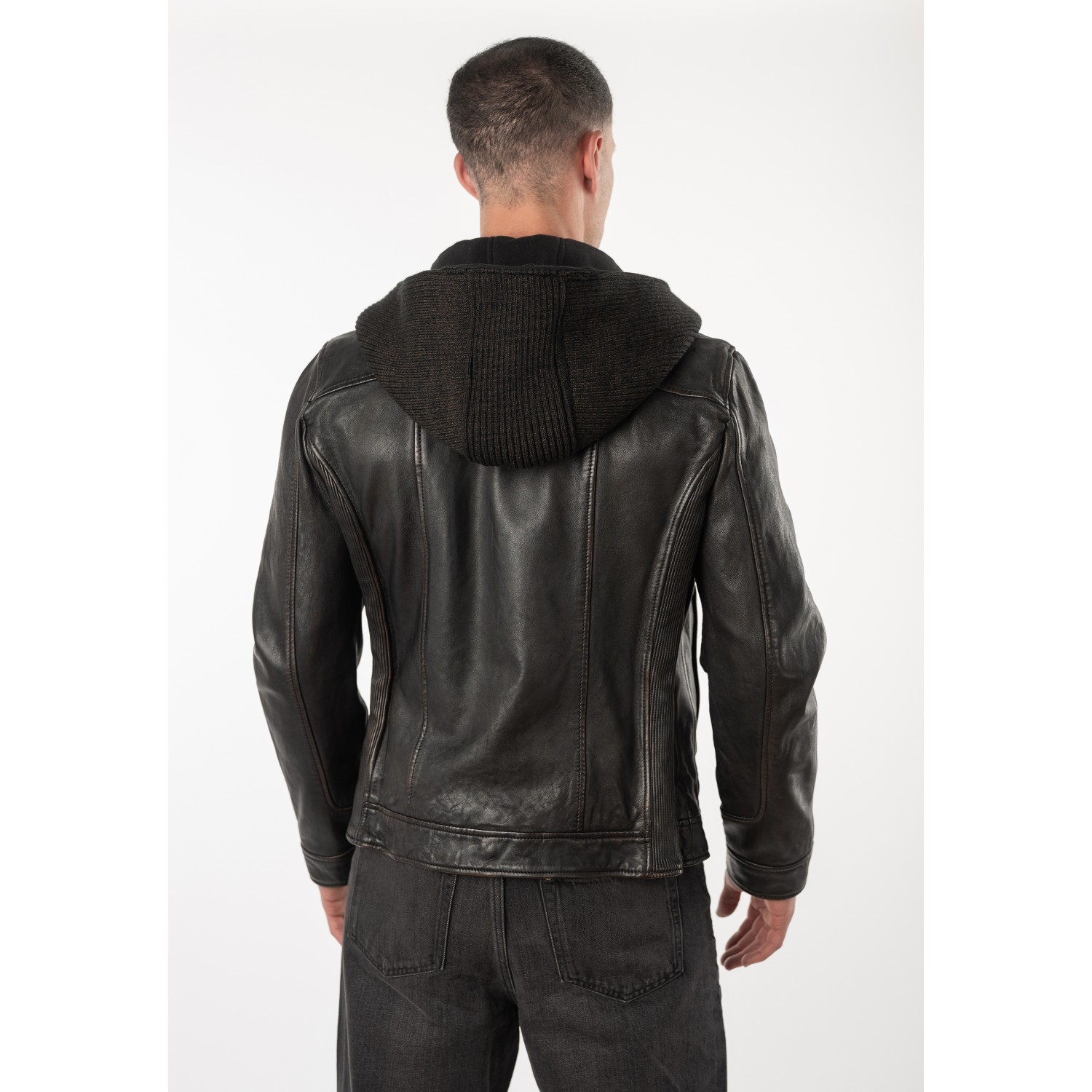 Geacă de piele pentru bărbați Mauritius MMChonky negru vintage cu glugă detașabilă
