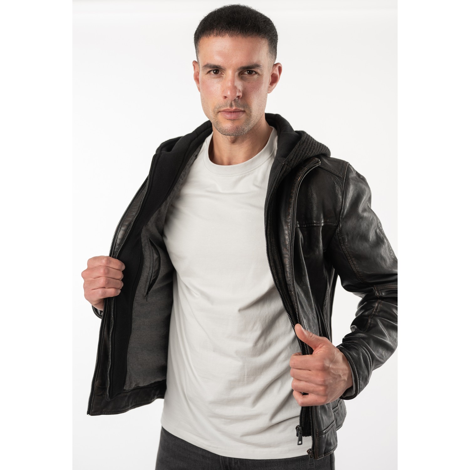Geacă de piele pentru bărbați Mauritius MMChonky negru vintage cu glugă detașabilă