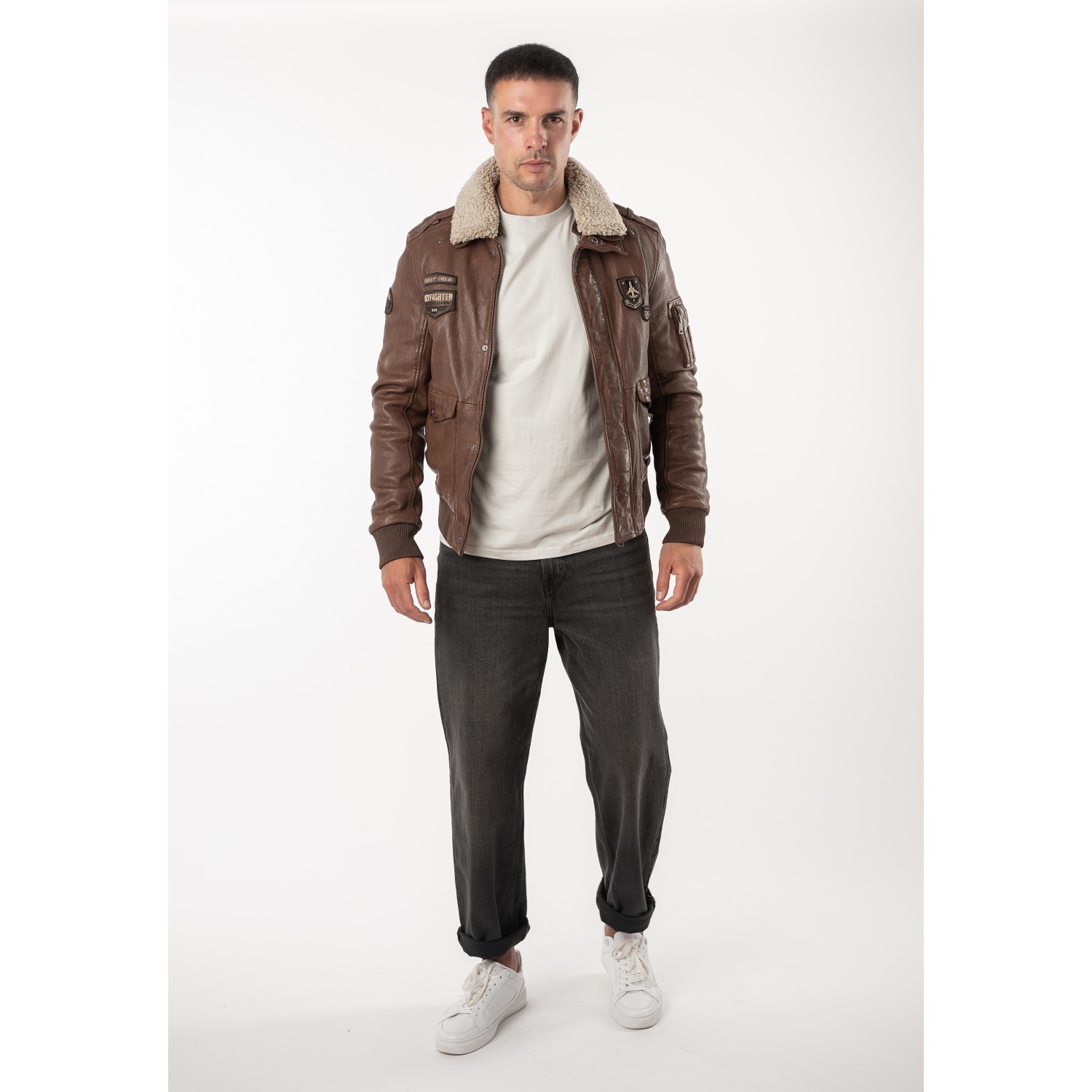 Geacă de piele whiskey pentru bărbați Mauritius MMCruise stil aviator cu guler Teddy