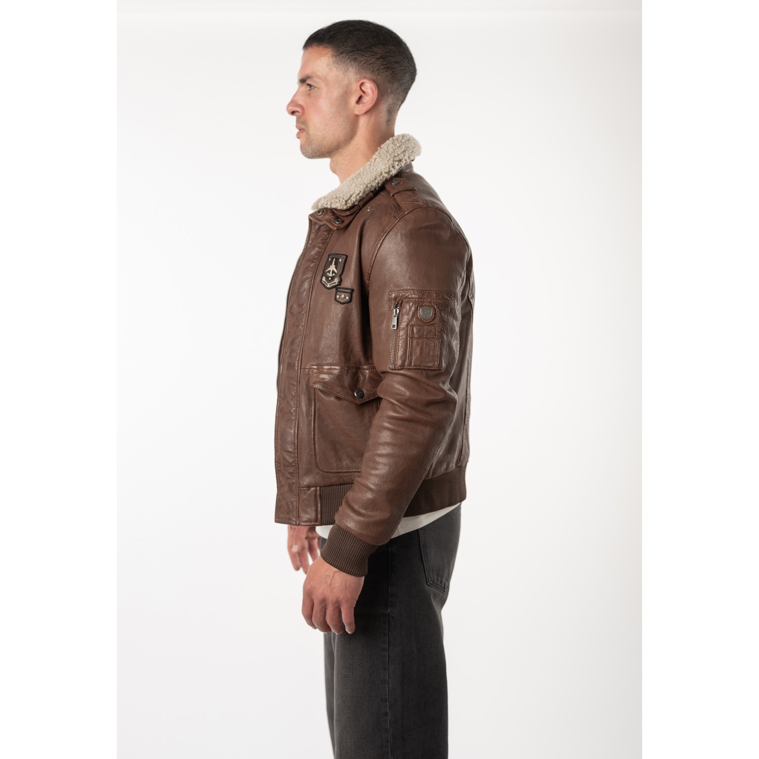 Geacă de piele whiskey pentru bărbați Mauritius MMCruise stil aviator cu guler Teddy