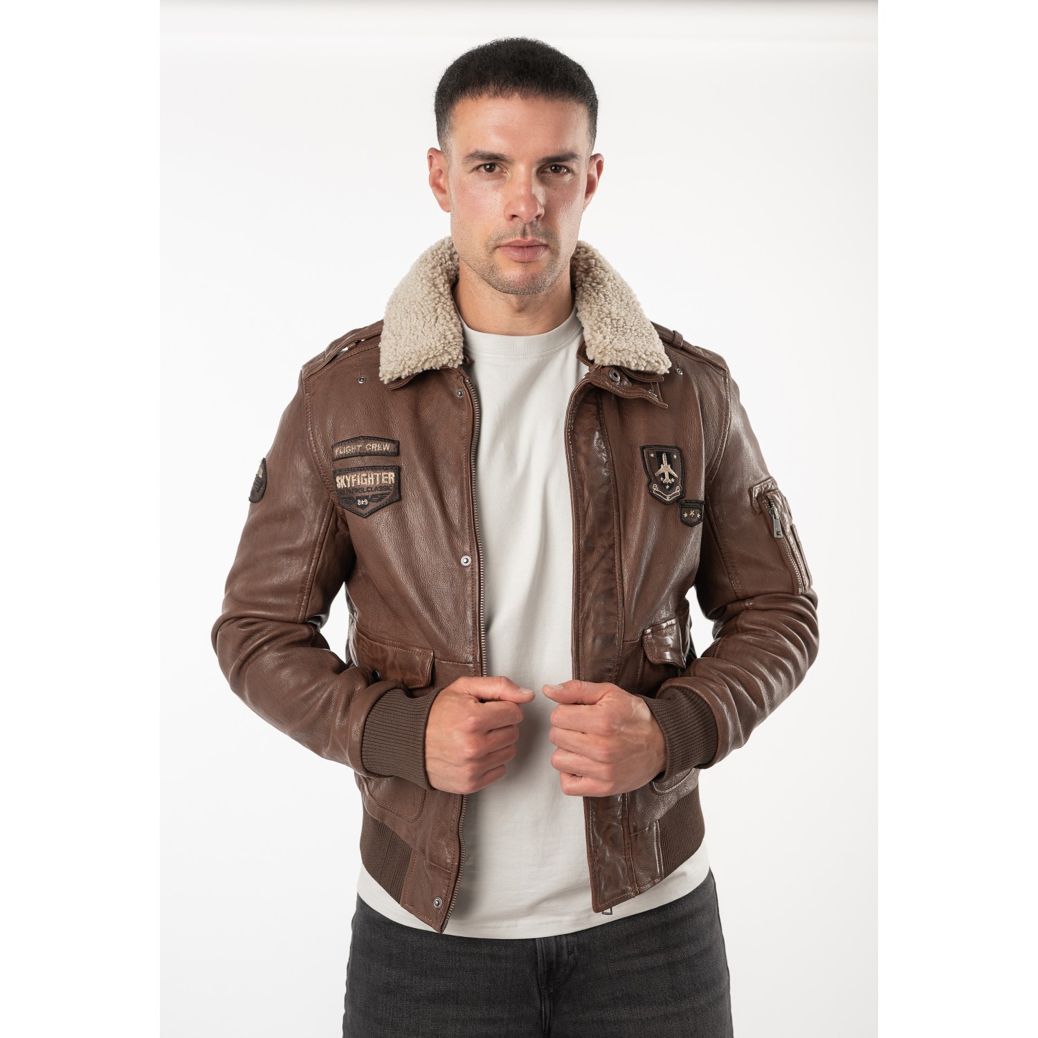 Geacă de piele whiskey pentru bărbați Mauritius MMCruise stil aviator cu guler Teddy