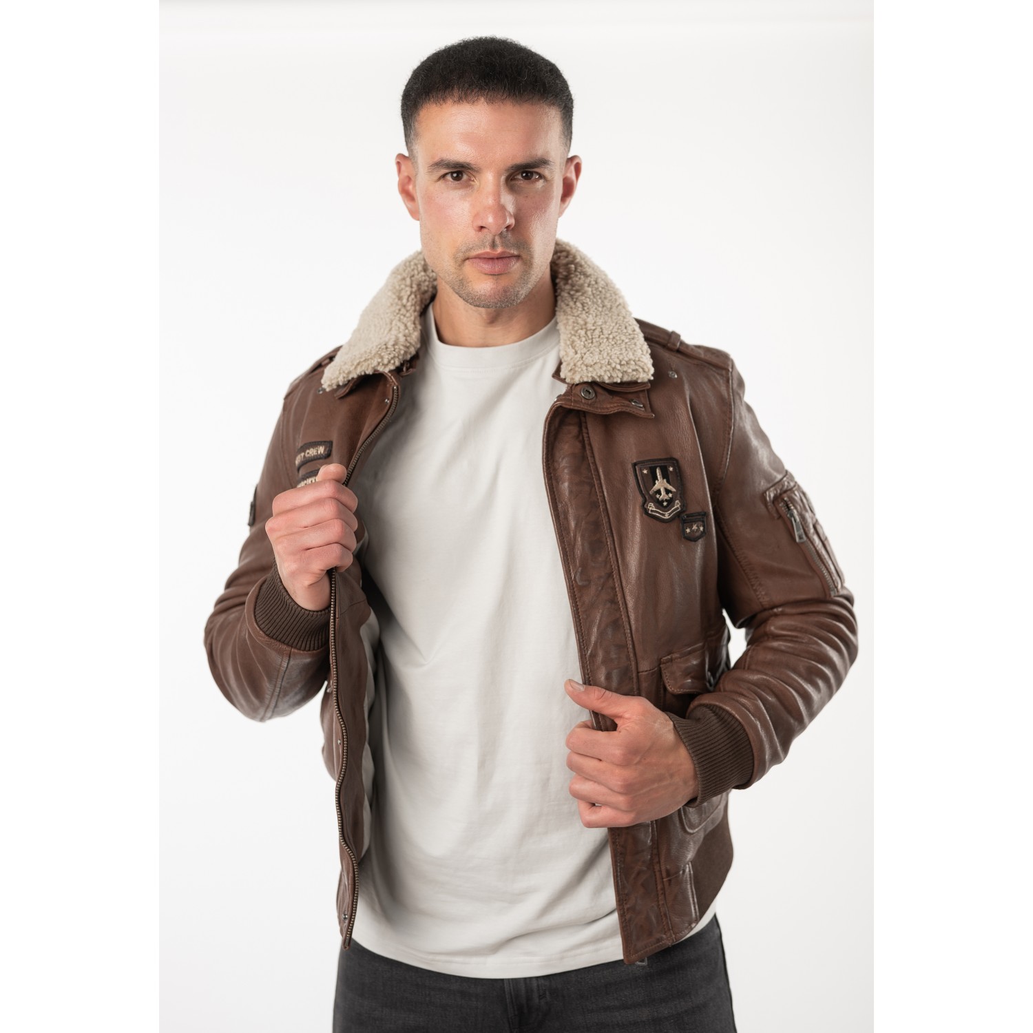 Geacă de piele whiskey pentru bărbați Mauritius MMCruise stil aviator cu guler Teddy