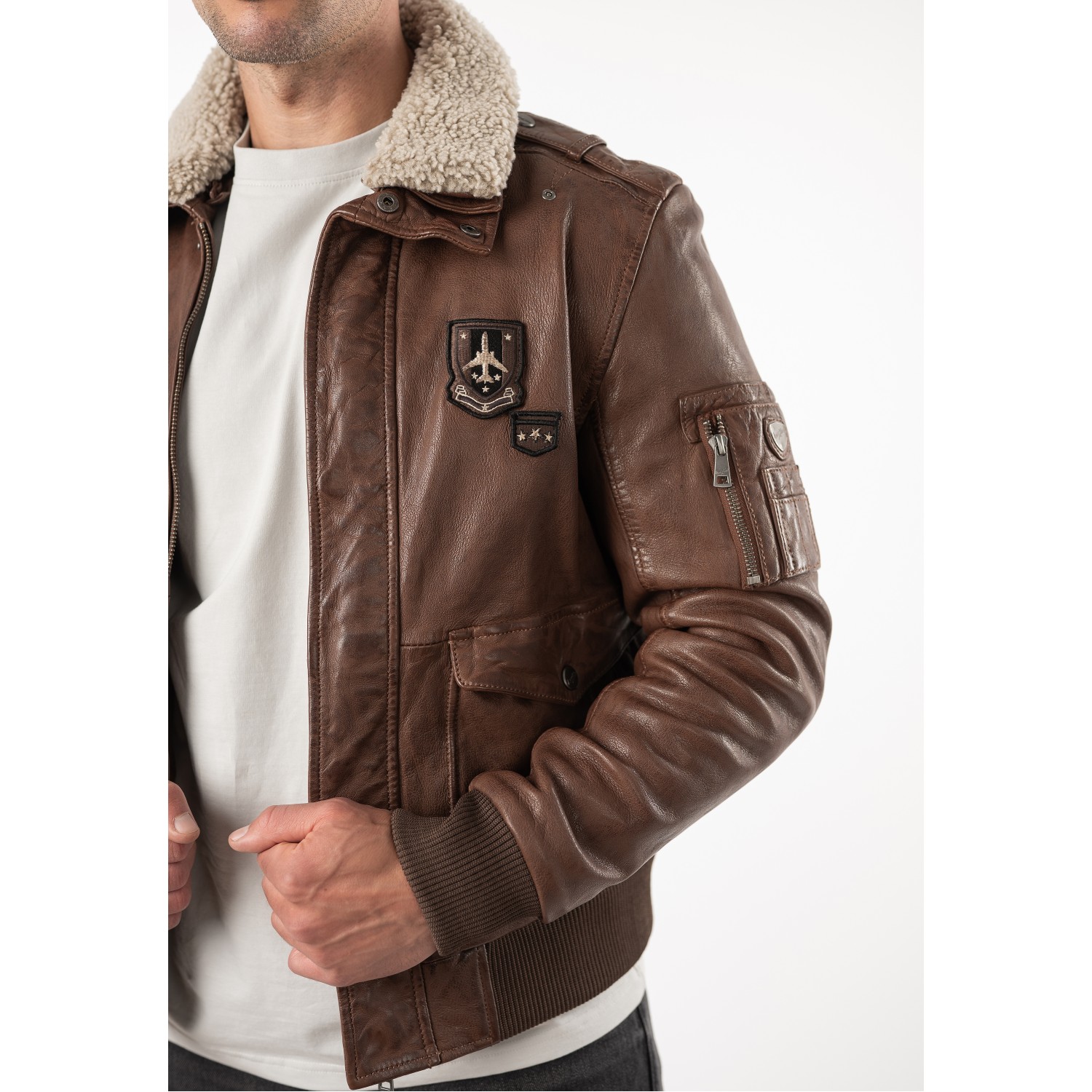 Geacă de piele whiskey pentru bărbați Mauritius MMCruise stil aviator cu guler Teddy