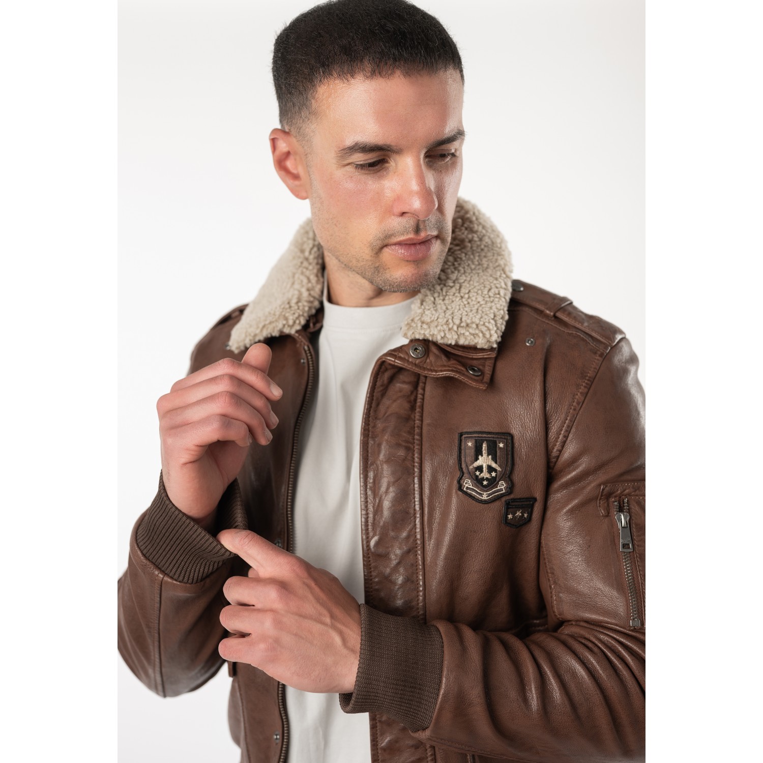 Geacă de piele whiskey pentru bărbați Mauritius MMCruise stil aviator cu guler Teddy