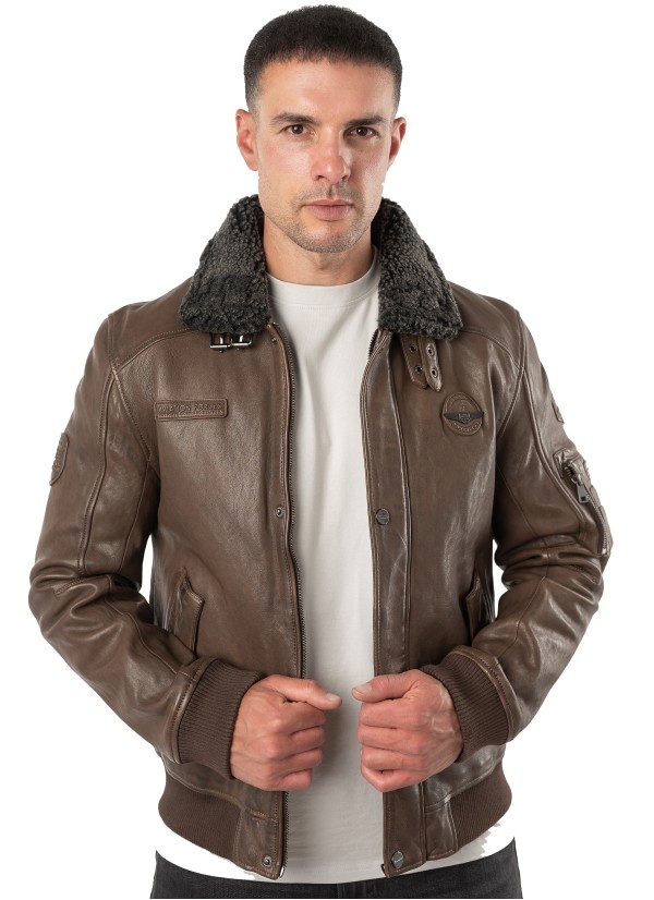 Geacă de piele maro pentru bărbați Mauritius MMFiort stil aviator cu guler teddy — fotografia 1