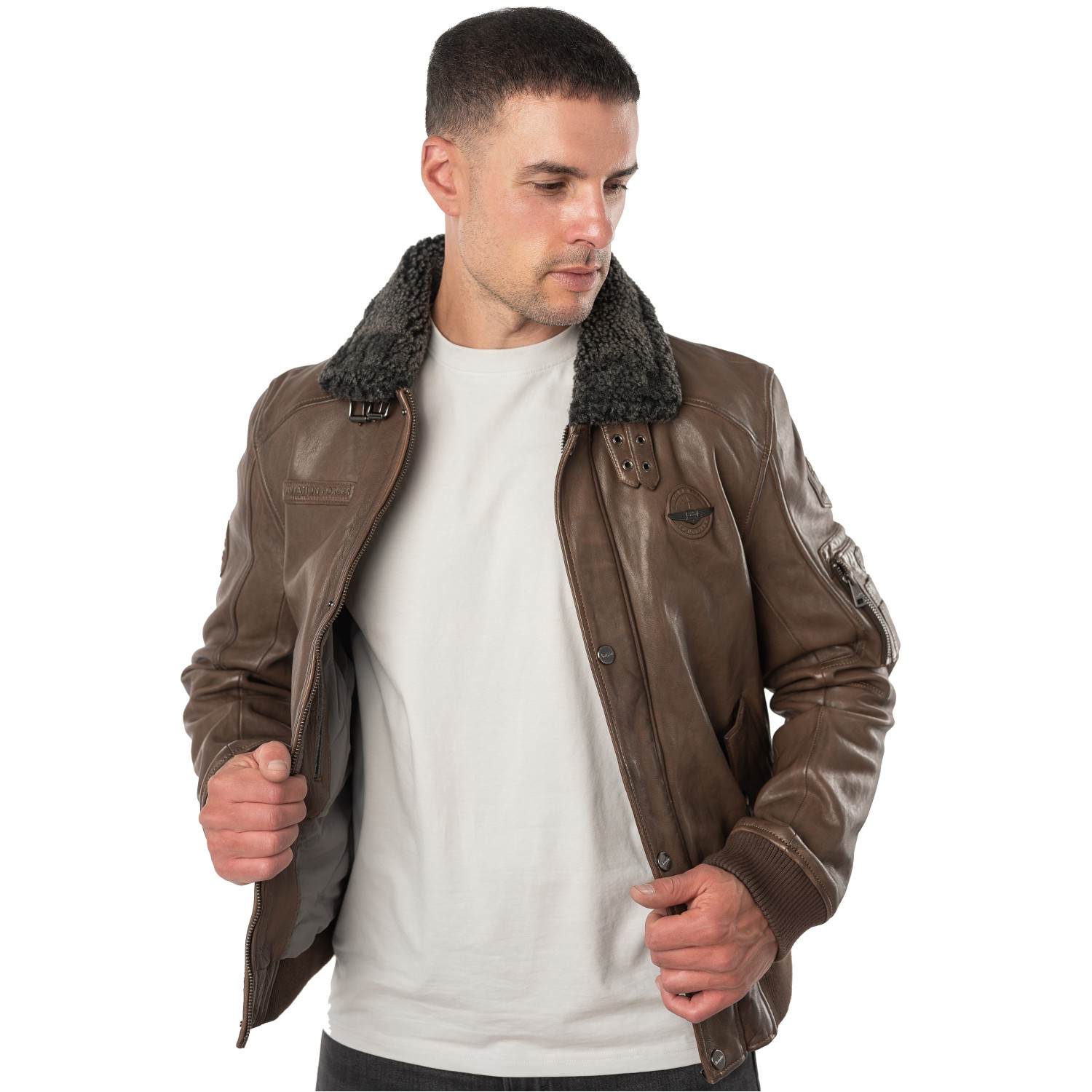 Geacă de piele maro pentru bărbați Mauritius MMFiort stil aviator cu guler teddy