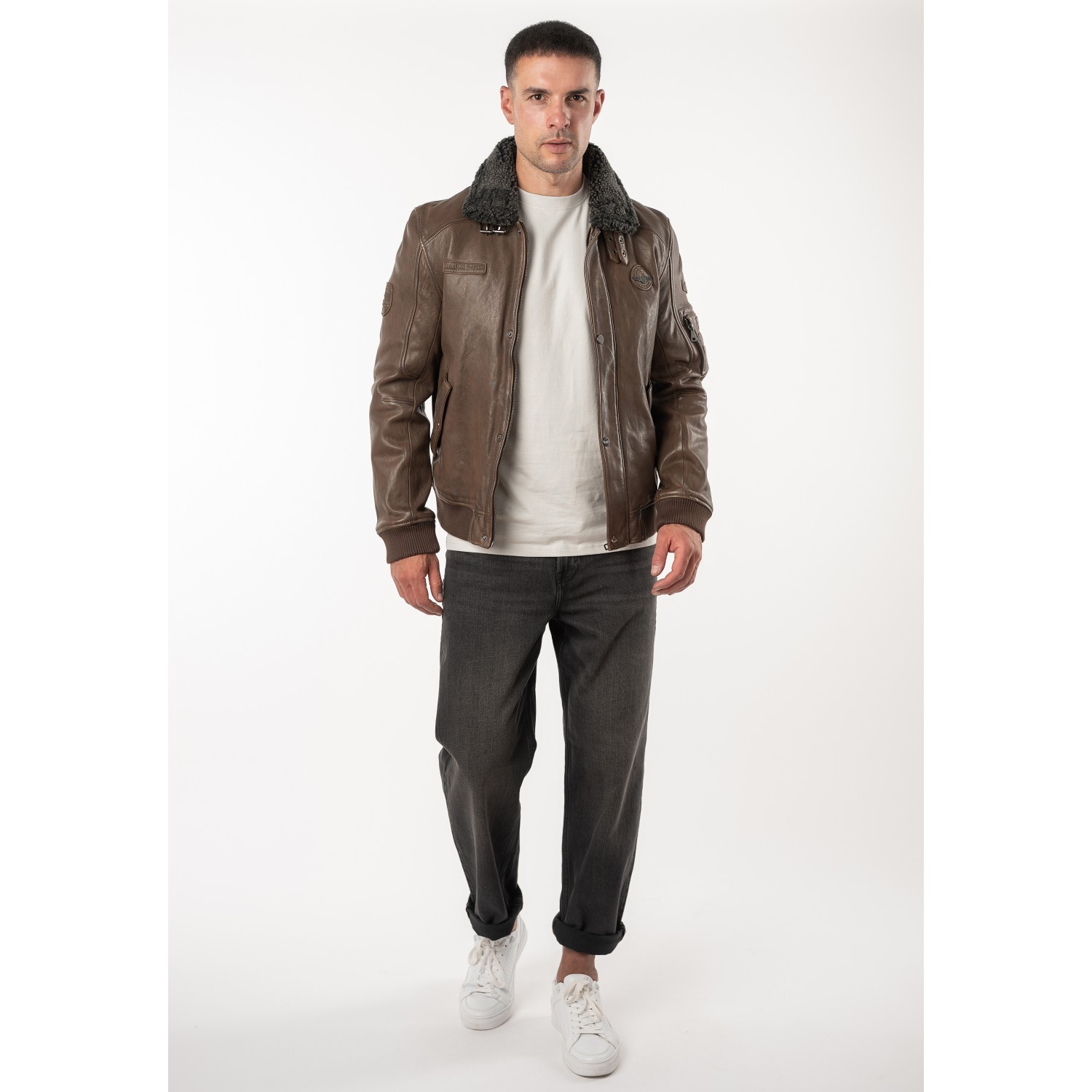 Geacă de piele maro pentru bărbați Mauritius MMFiort stil aviator cu guler teddy