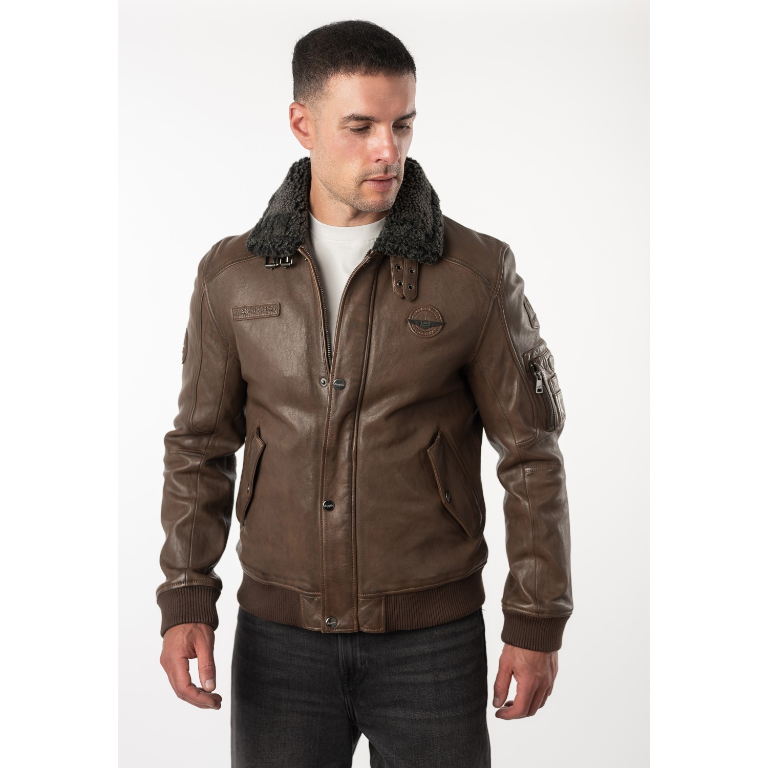 Geacă de piele maro pentru bărbați Mauritius MMFiort stil aviator cu guler teddy