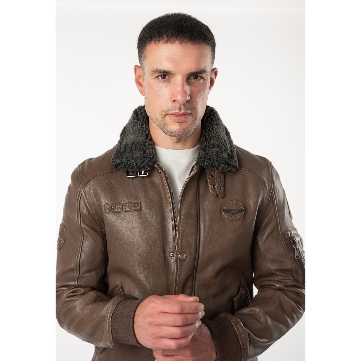 Geacă de piele maro pentru bărbați Mauritius MMFiort stil aviator cu guler teddy