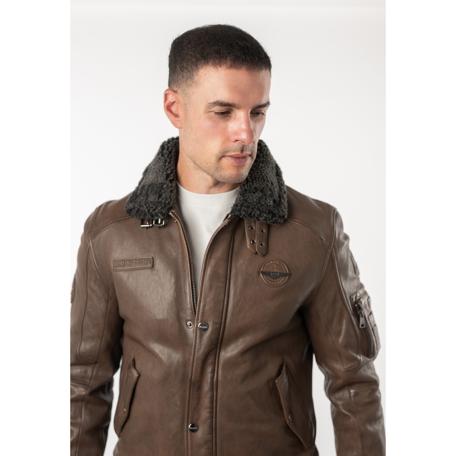 Geacă de piele maro pentru bărbați Mauritius MMFiort stil aviator cu guler teddy