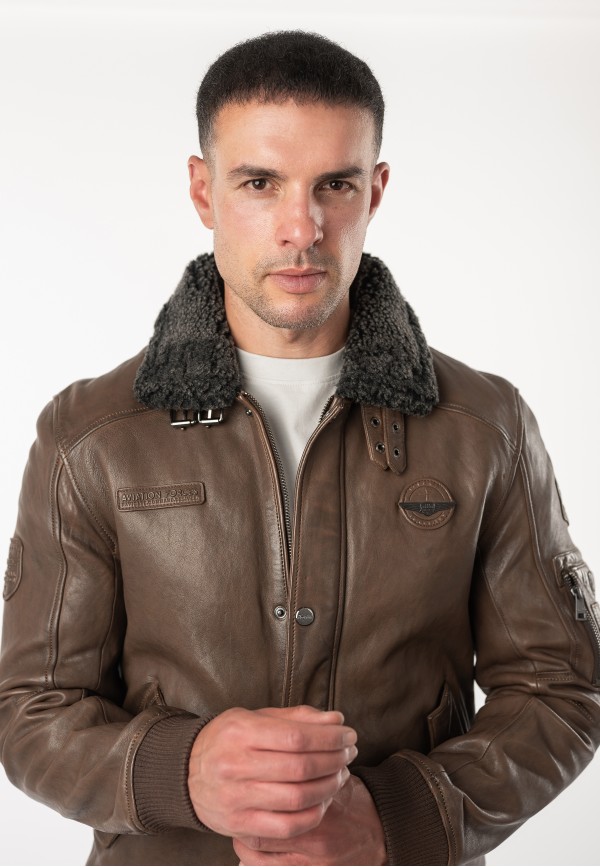 Geacă de piele maro pentru bărbați Mauritius MMFiort stil aviator cu guler teddy — fotografia 6
