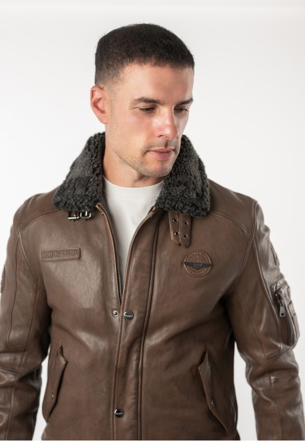 Geacă de piele maro pentru bărbați Mauritius MMFiort stil aviator cu guler teddy — fotografia 7