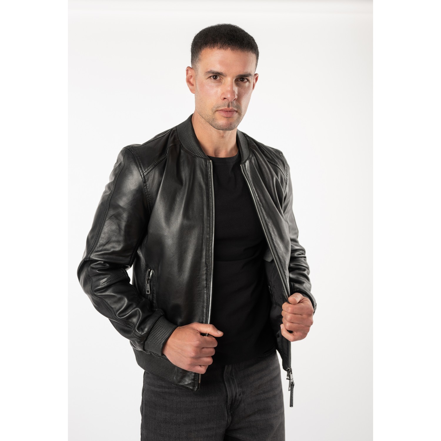 Geacă de Piele Bărbați Mauritius MMGlashy Neagră Geacă de piele neagră pentru bărbați Mauritius MMGlashy tip blouson din piele naturală