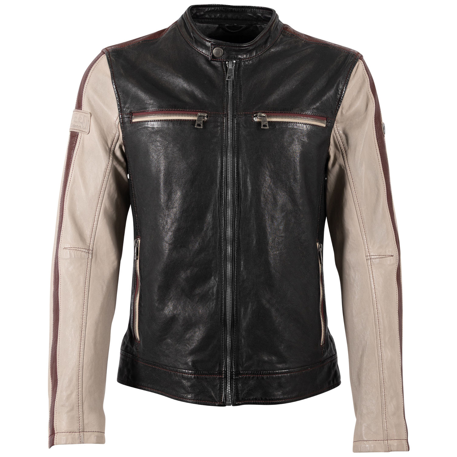 Geacă de piele bărbați Mauritius MMOnfinity negru bej Slim Fit Stil Racer