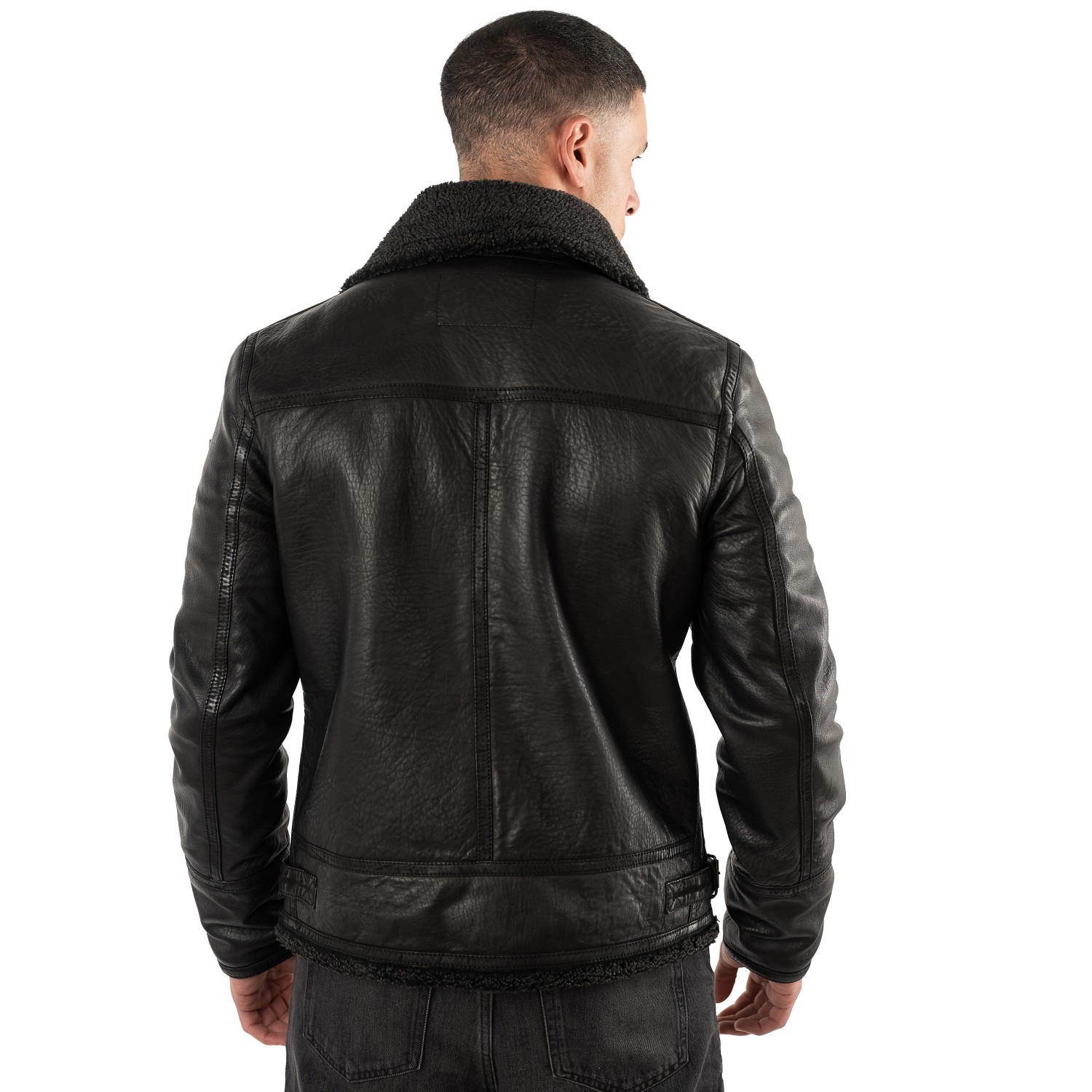 Geacă de piele îmblănită negru vintage pentru bărbați Mauritius MMPolarforce stil Sherpa