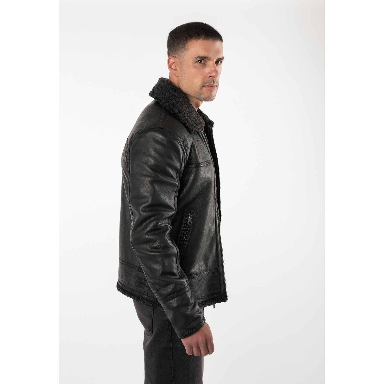 Geacă de piele îmblănită negru vintage pentru bărbați Mauritius MMPolarforce stil Sherpa