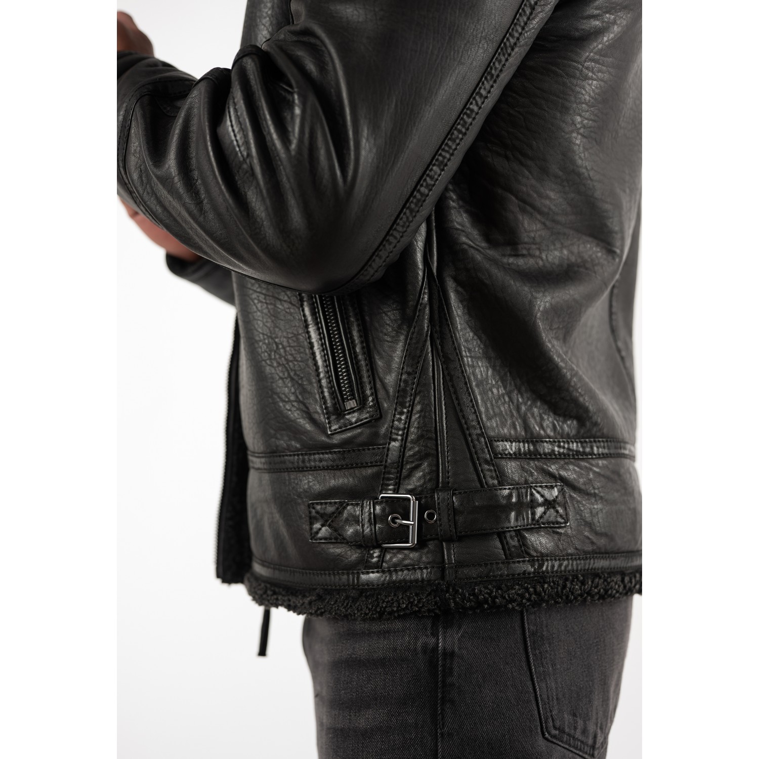 Geacă de piele îmblănită negru vintage pentru bărbați Mauritius MMPolarforce stil Sherpa