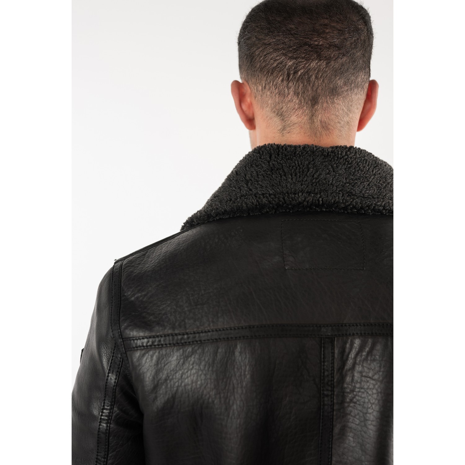 Geacă de piele îmblănită negru vintage pentru bărbați Mauritius MMPolarforce stil Sherpa
