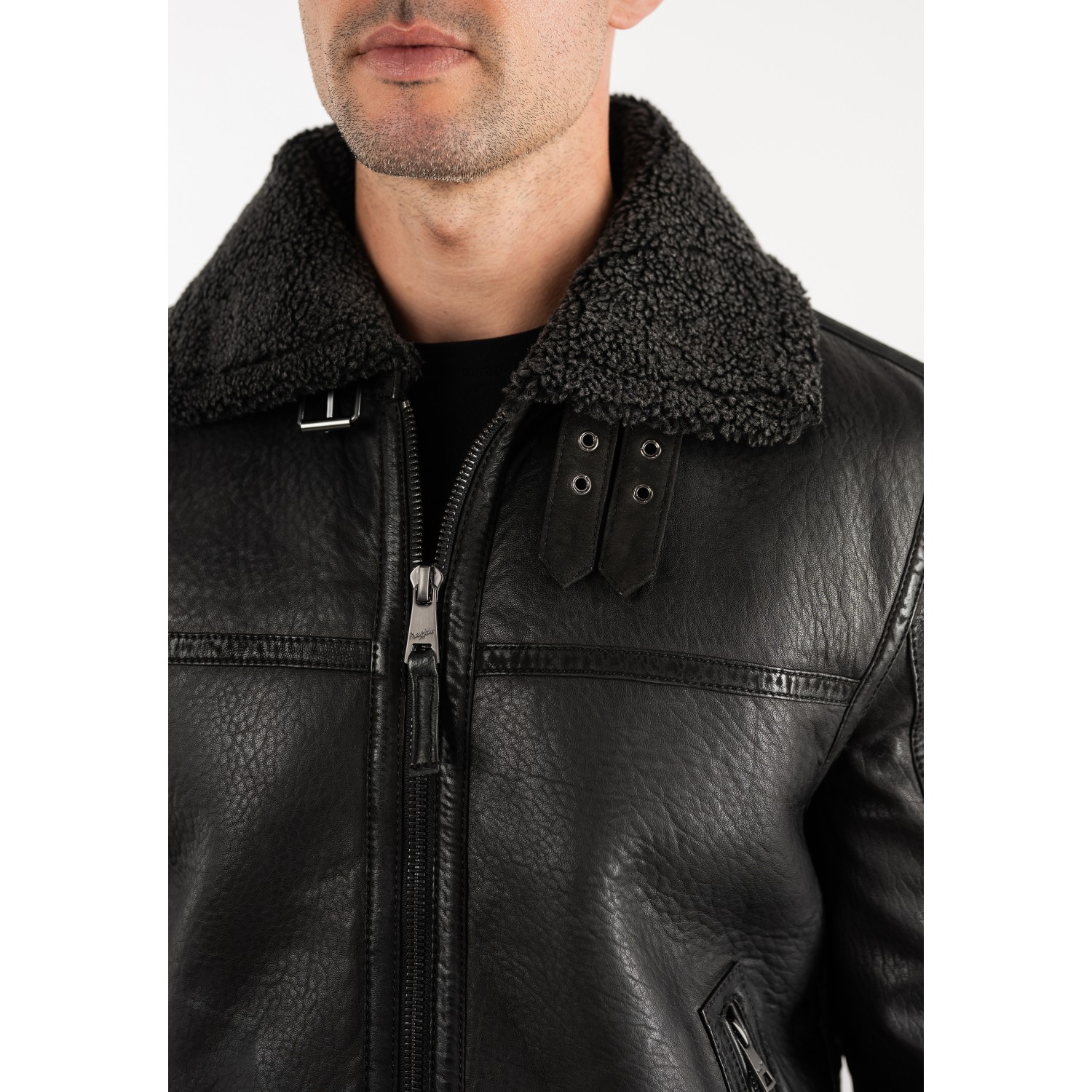 Geacă de piele îmblănită negru vintage pentru bărbați Mauritius MMPolarforce stil Sherpa