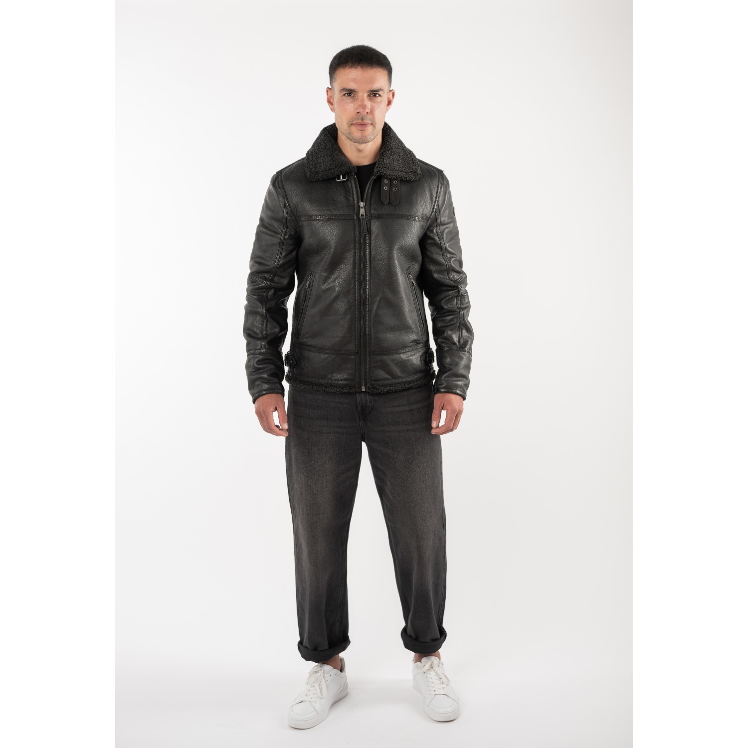 Geacă de piele îmblănită negru vintage pentru bărbați Mauritius MMPolarforce stil Sherpa
