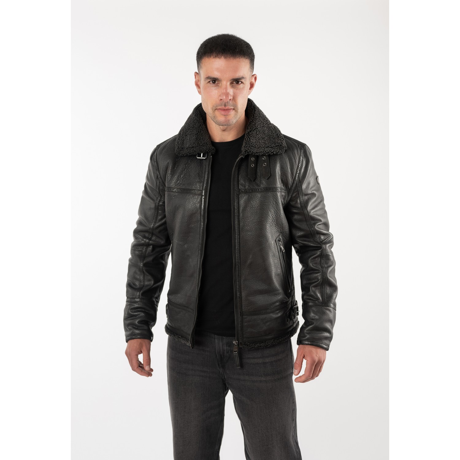 Geacă de piele îmblănită negru vintage pentru bărbați Mauritius MMPolarforce stil Sherpa