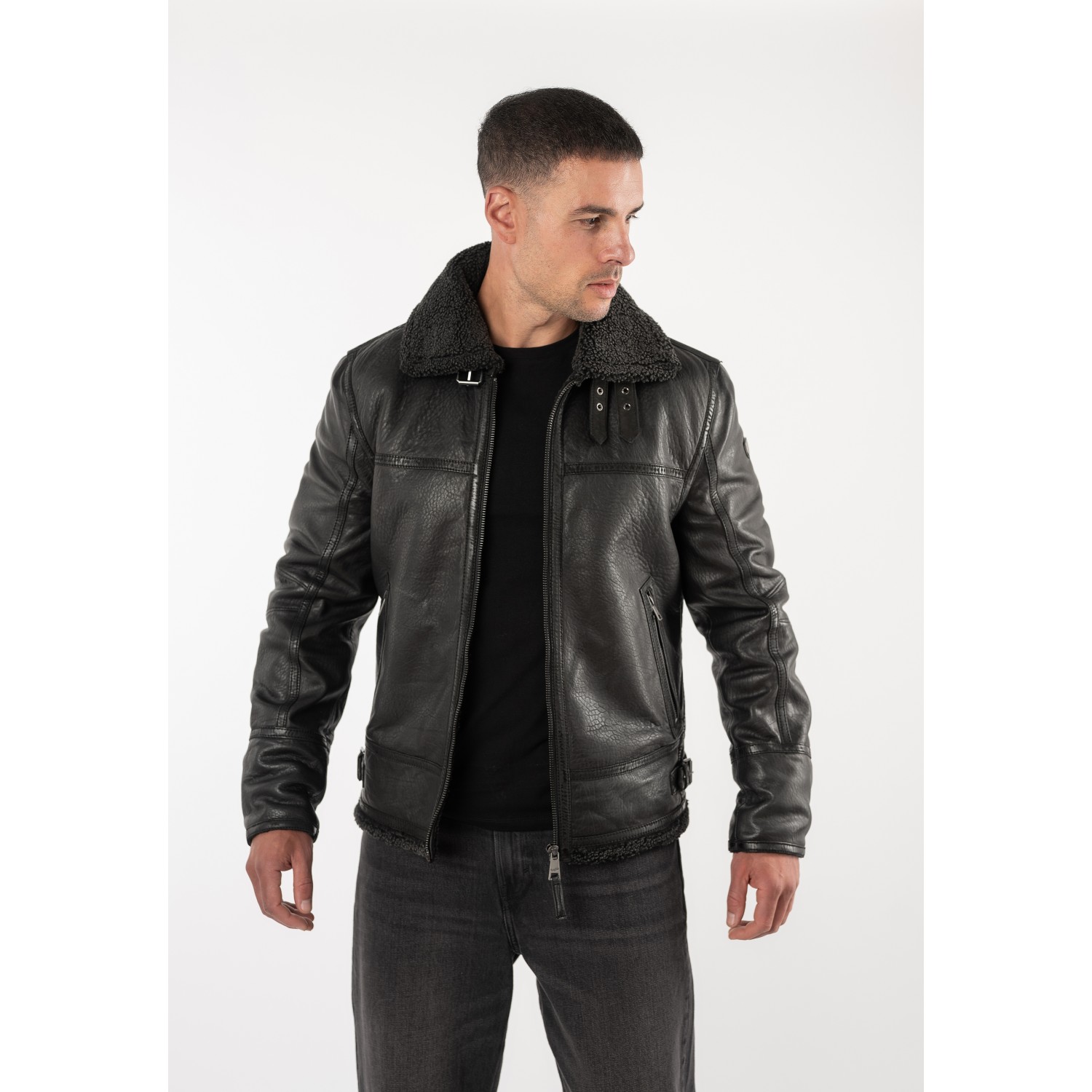 Geacă de piele îmblănită negru vintage pentru bărbați Mauritius MMPolarforce stil Sherpa