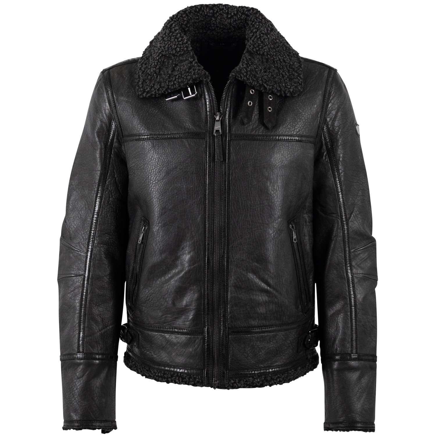 Geacă de piele îmblănită negru vintage pentru bărbați Mauritius MMPolarforce stil Sherpa