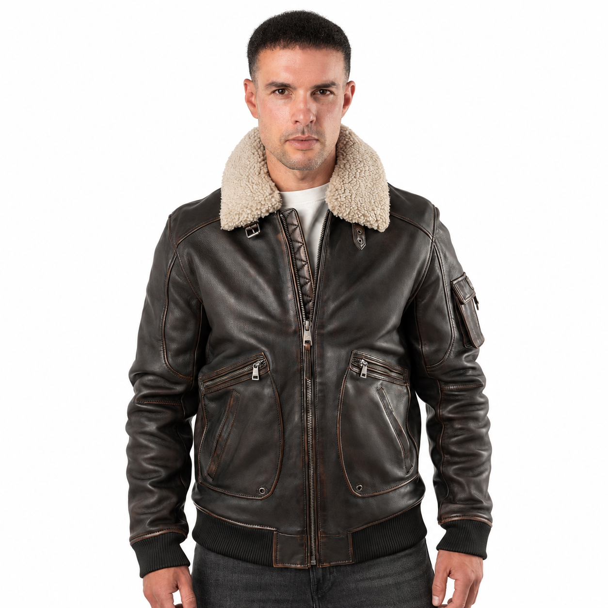 Geacă de piele maro vintage pentru bărbați Mauritius MMSkypatrol stil aviator cu guler Teddy