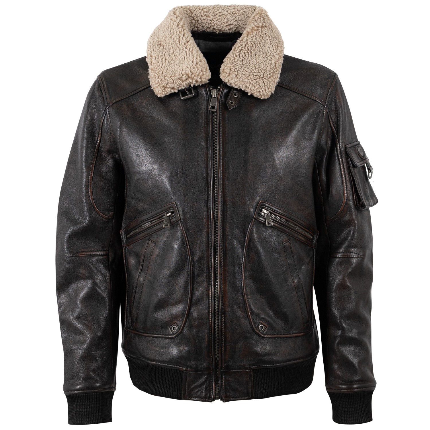Geacă de piele maro vintage pentru bărbați Mauritius MMSkypatrol stil aviator cu guler Teddy