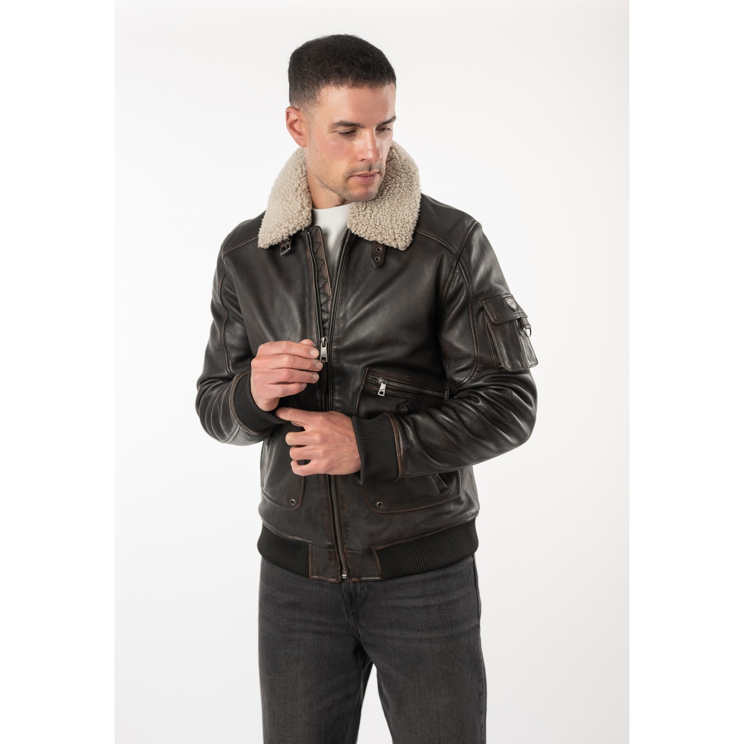 Geacă de piele maro vintage pentru bărbați Mauritius MMSkypatrol stil aviator cu guler Teddy