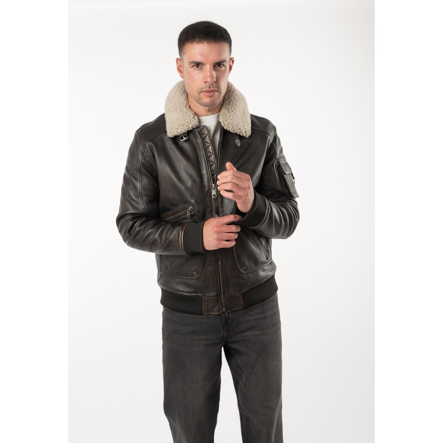 Geacă de piele maro vintage pentru bărbați Mauritius MMSkypatrol stil aviator cu guler Teddy