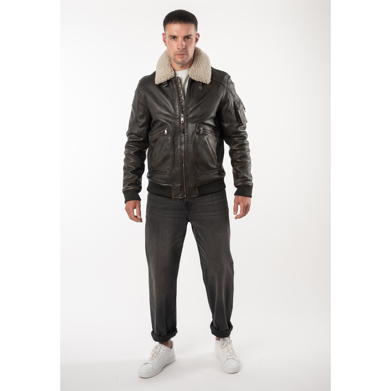 Geacă de piele maro vintage pentru bărbați Mauritius MMSkypatrol stil aviator cu guler Teddy