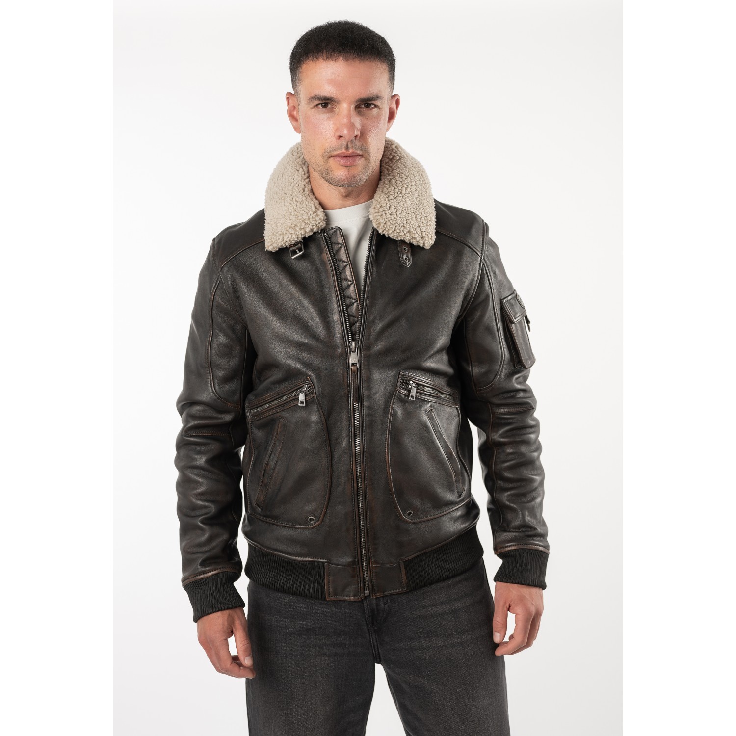 Geacă de piele maro vintage pentru bărbați Mauritius MMSkypatrol stil aviator cu guler Teddy