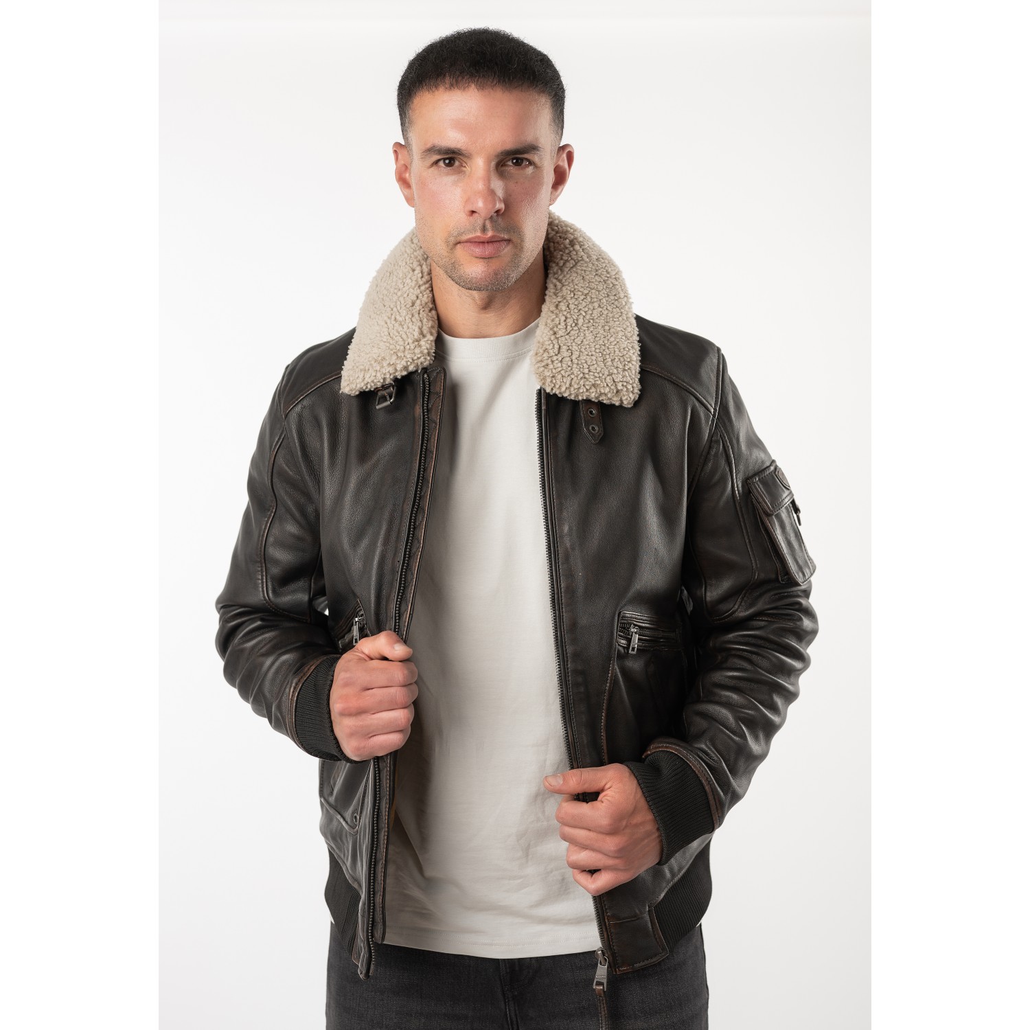 Geacă de piele maro vintage pentru bărbați Mauritius MMSkypatrol stil aviator cu guler Teddy