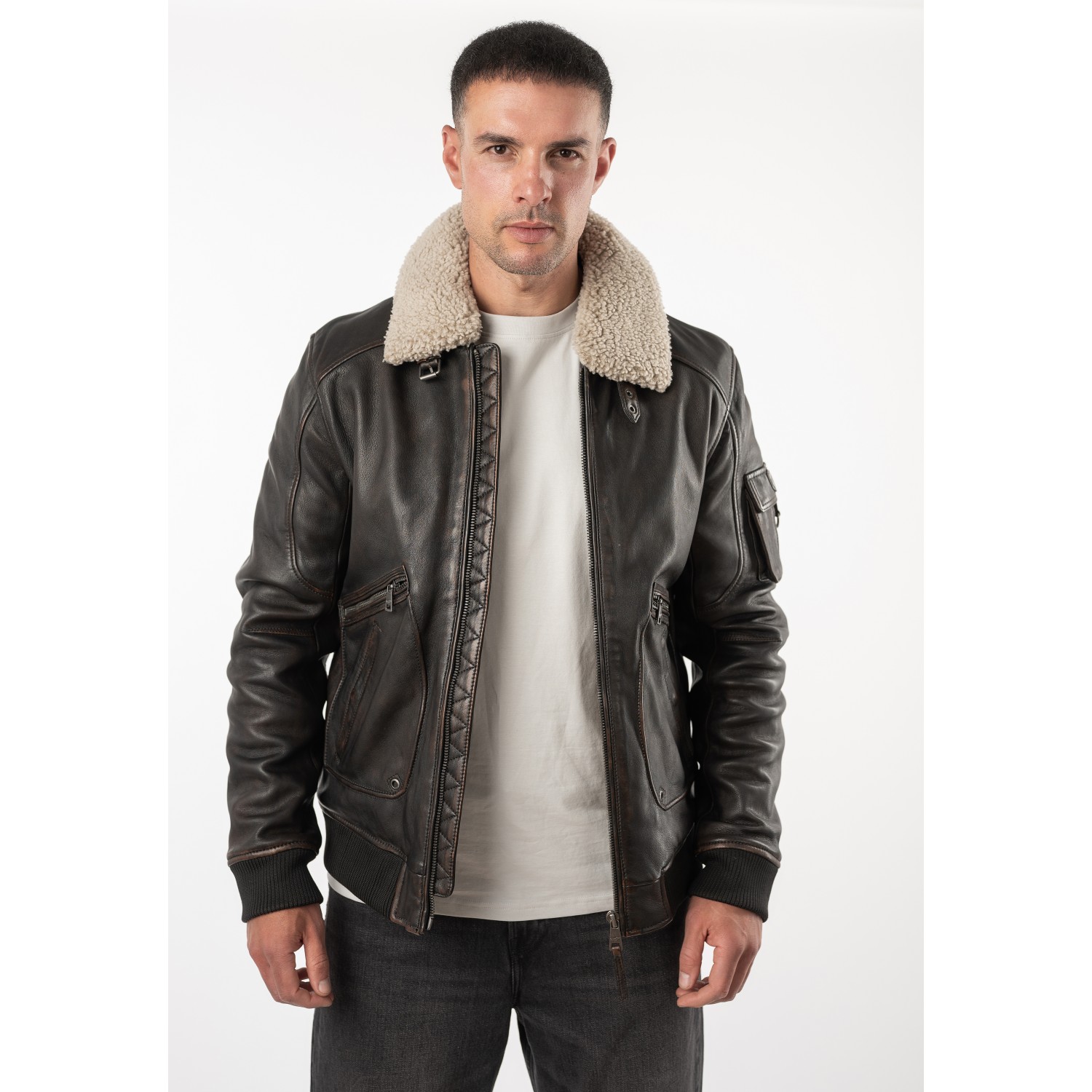 Geacă de piele maro vintage pentru bărbați Mauritius MMSkypatrol stil aviator cu guler Teddy