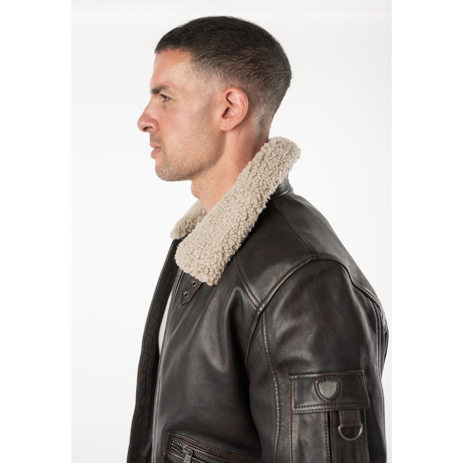 Geacă de piele maro vintage pentru bărbați Mauritius MMSkypatrol stil aviator cu guler Teddy
