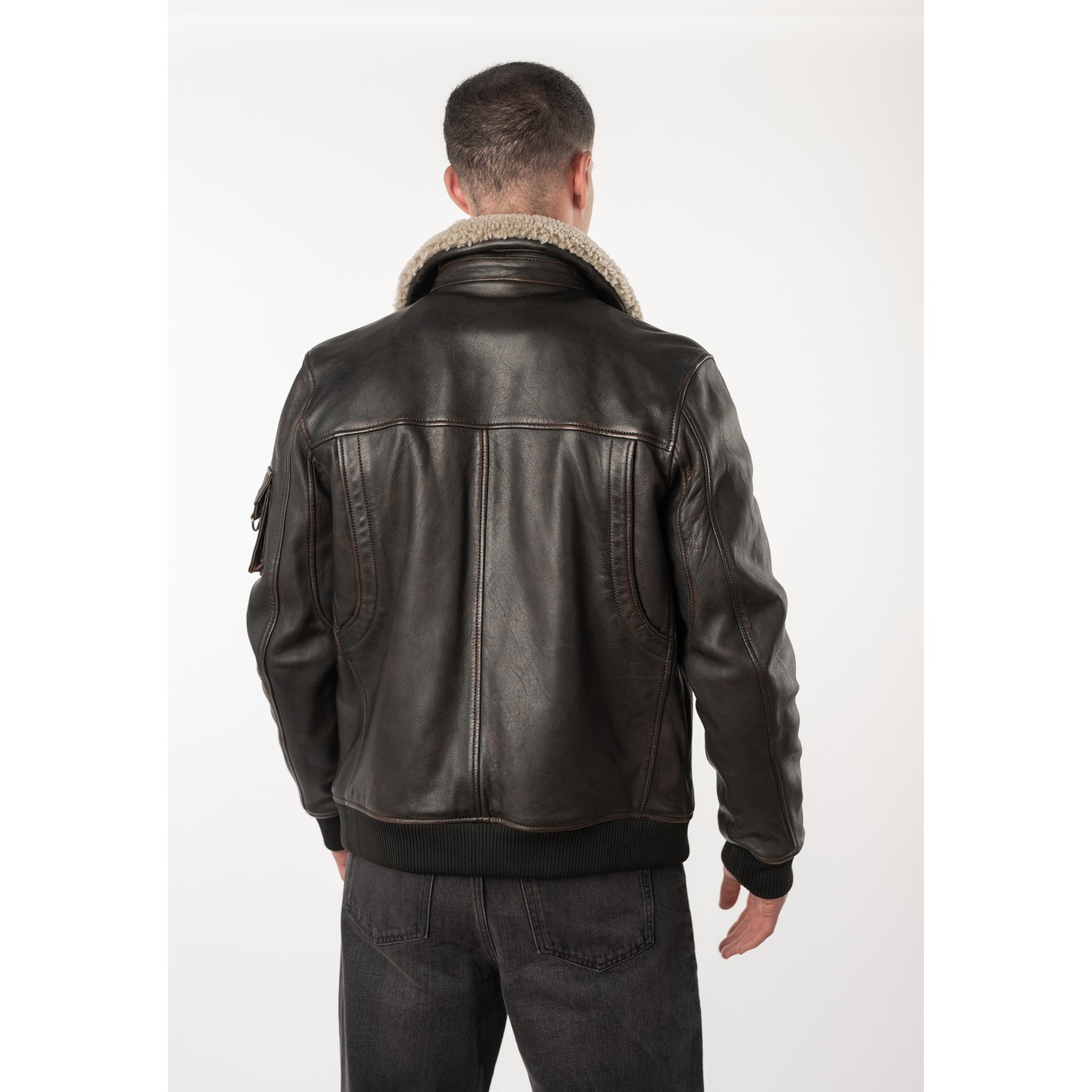 Geacă de piele maro vintage pentru bărbați Mauritius MMSkypatrol stil aviator cu guler Teddy