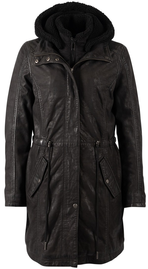 Palton din piele damă Mauritius MWAislin negru, Regular Fit, cu glugă cu textură buclată și șnur de ajustare în talie — fotografia 1