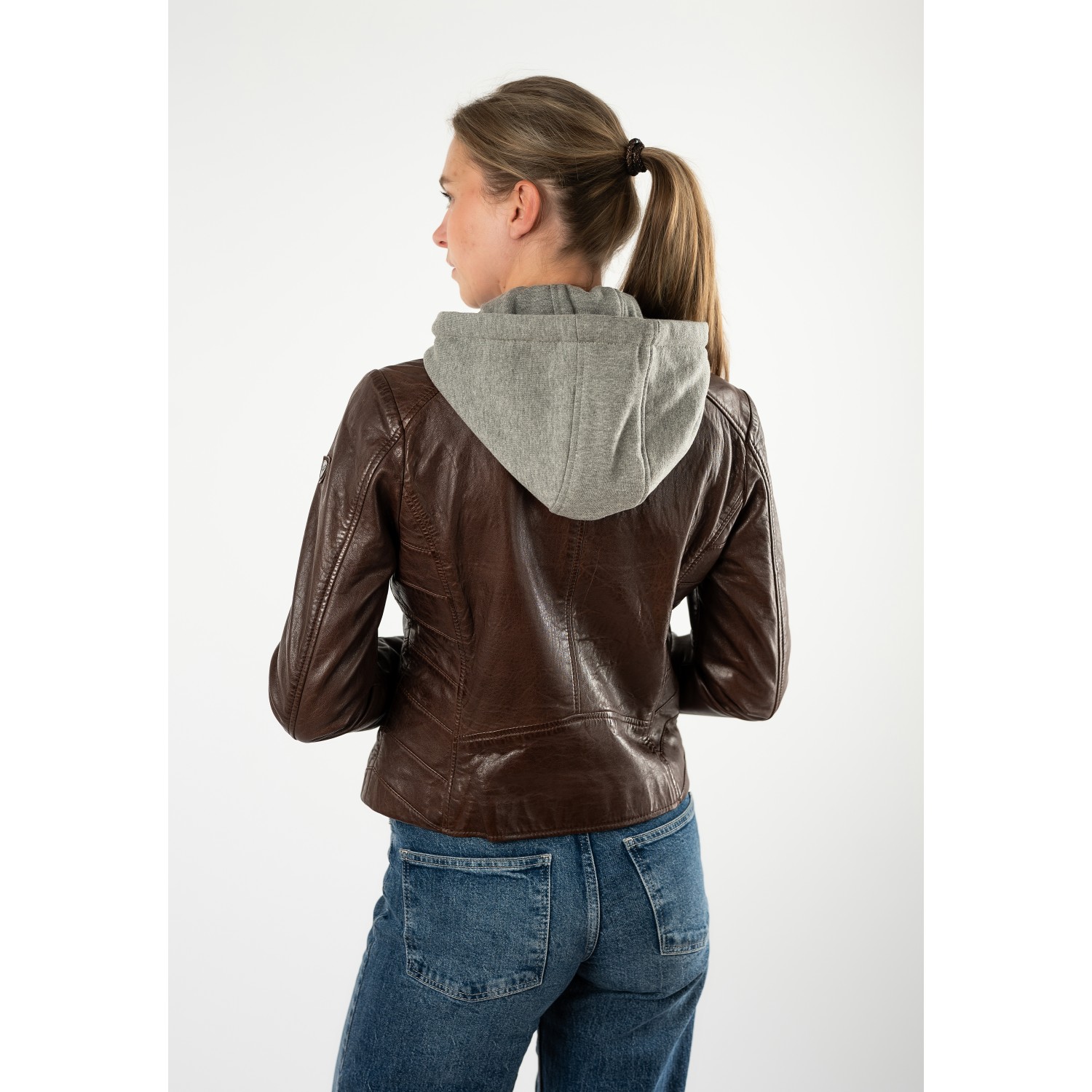 Geacă de Piele Damă Mauritius Castaniu MWAlva cu Glugă Gri Detașabilă